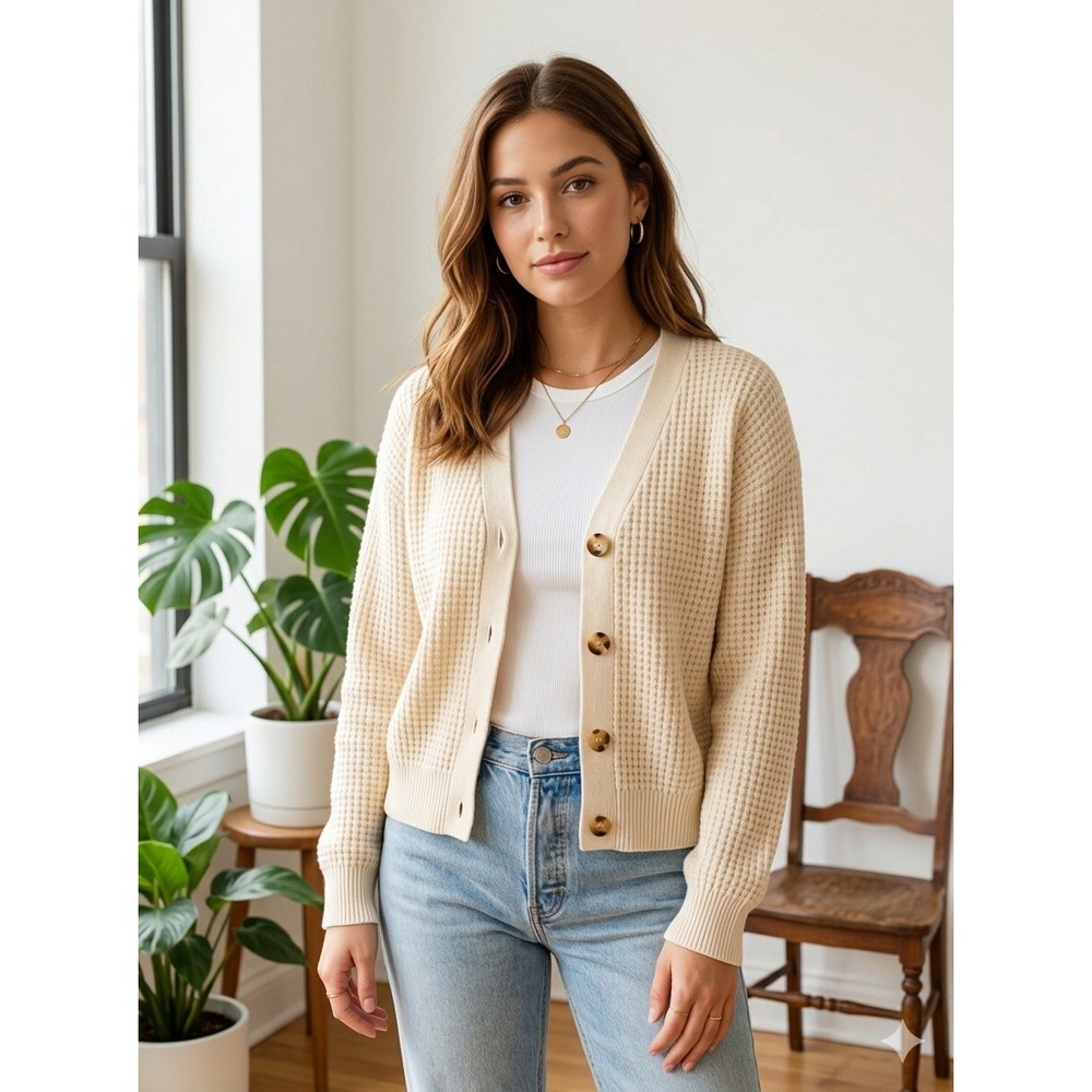 Women Cardigan Small Cream Neutral Minimalist Waffle Knit Button Front classic